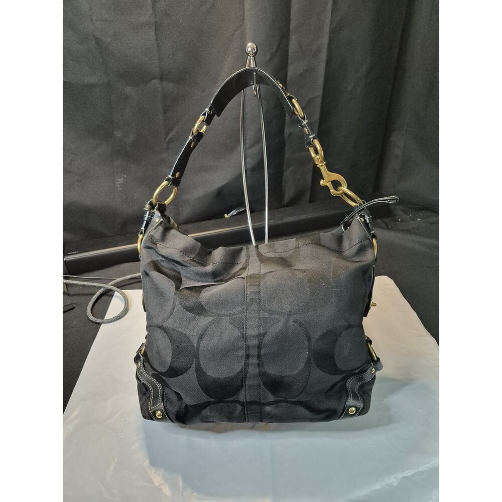 Coach Carly Hobo Purse 10620 BLACK Signature Canvas Gold Leather Bag Rare - Picture 2 of 14